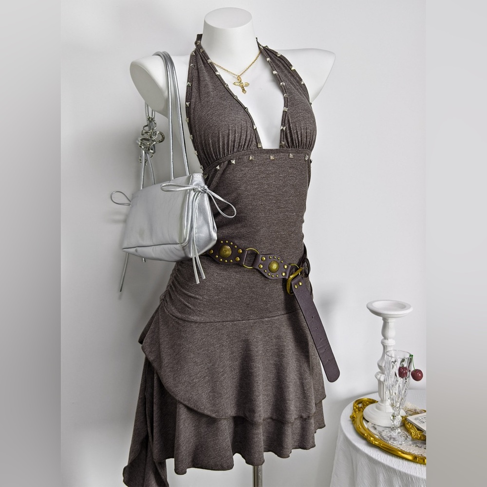 🤎 Hello Gorgeous!  Studded Halter Neck Ruffle Hem Mini Dress - Brown